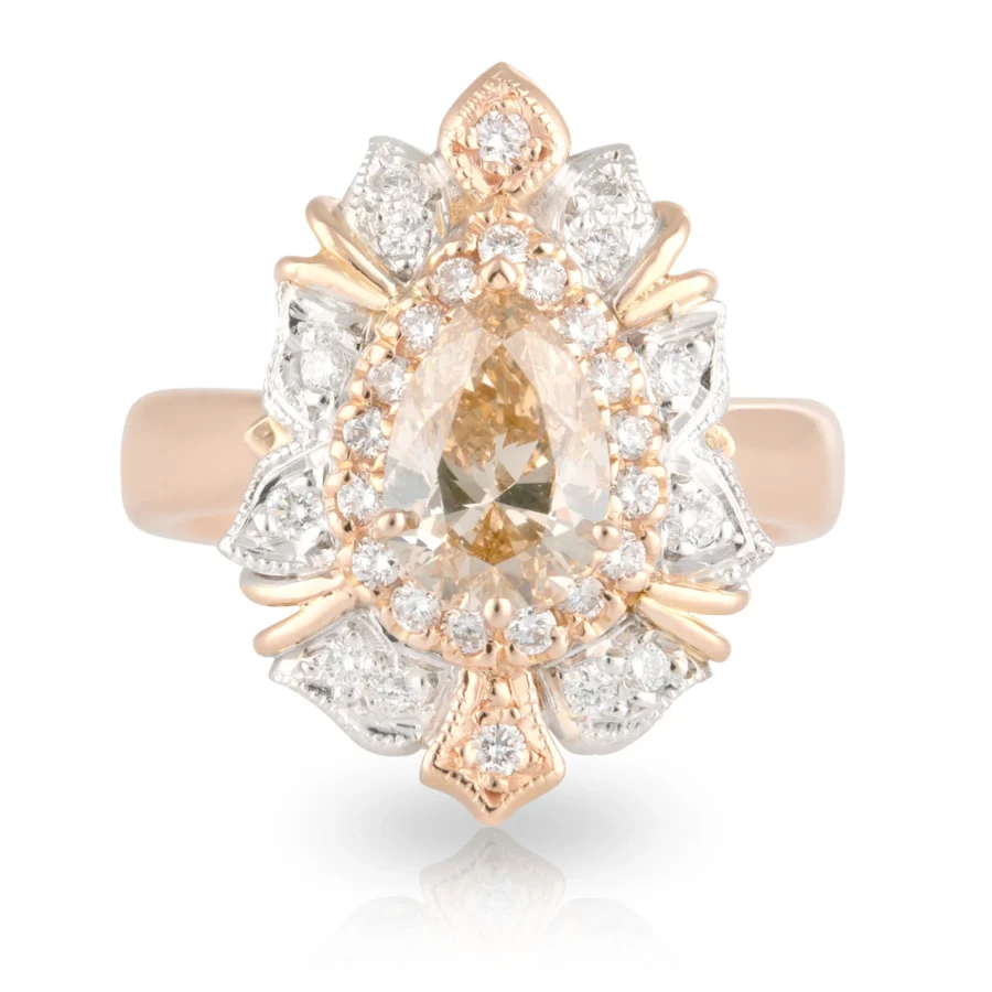 Pear Cognac Diamond Art Deco Double Halo Engagement Ring
