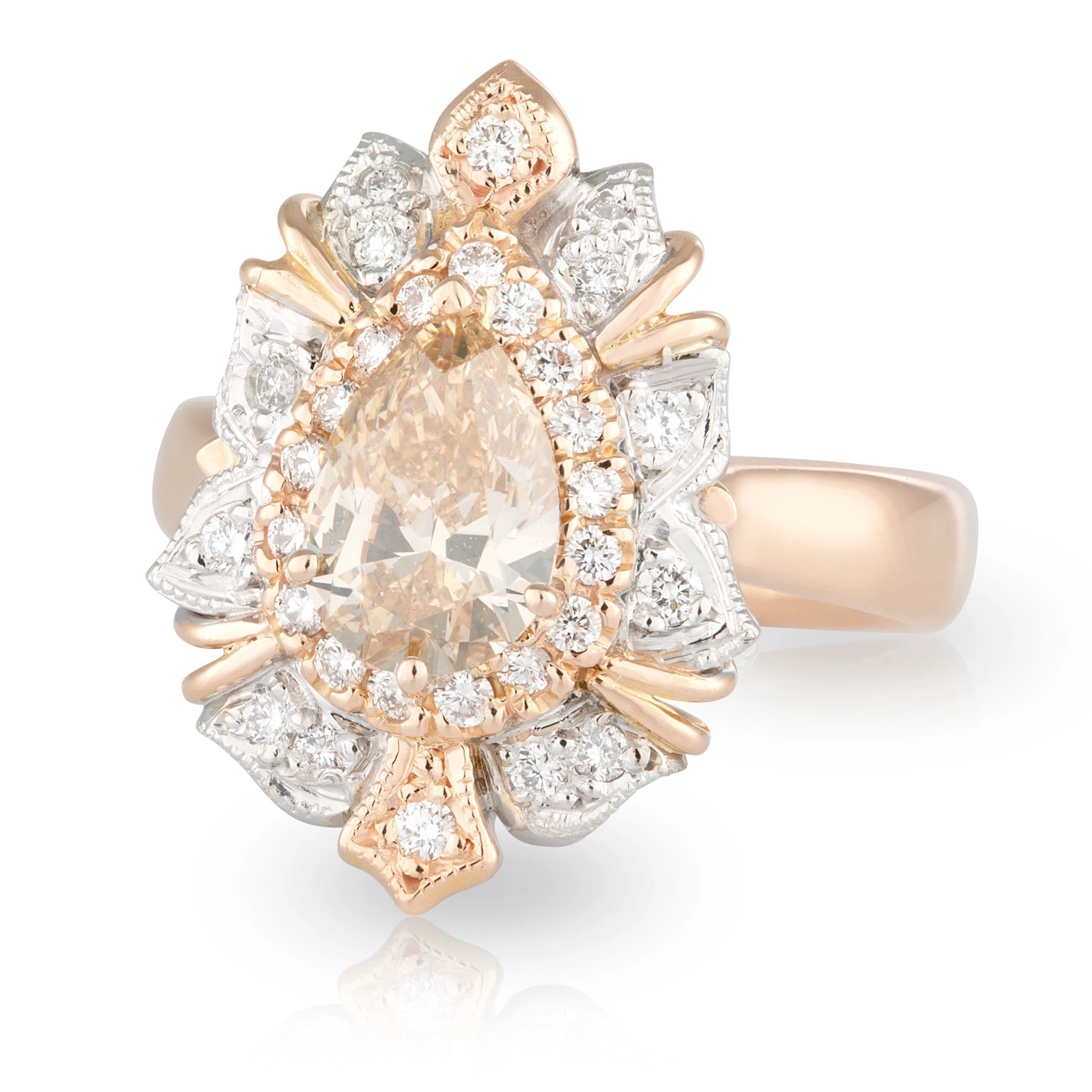Pear Cognac Diamond Art Deco Double Halo Engagement Ring