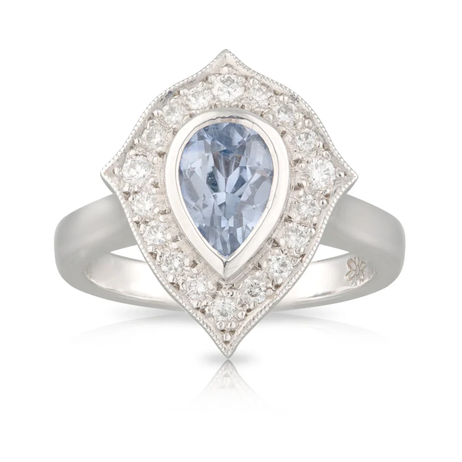 Pear Light Blue Sapphire Diamond Halo Ring