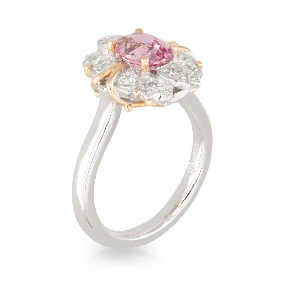 Pink Sapphire Diamond Art Deco Halo Engagement Ring