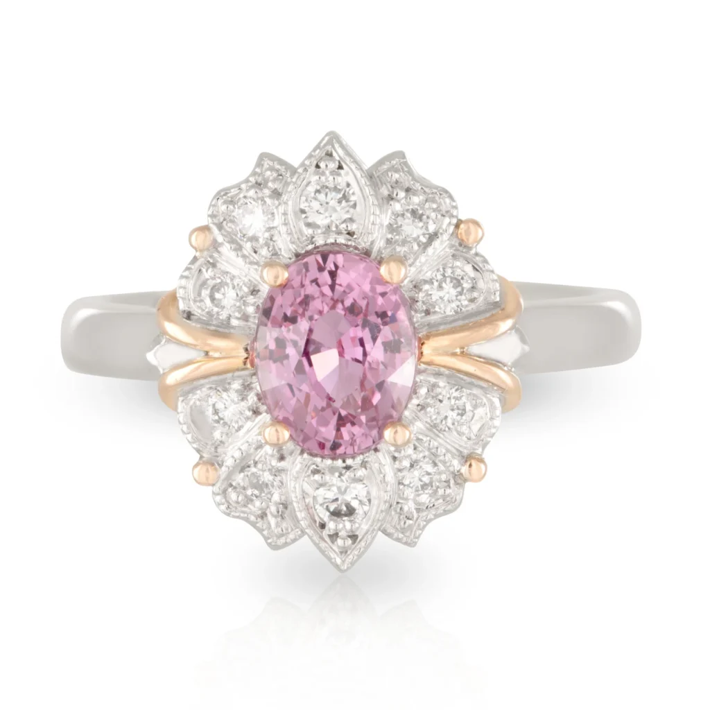 Pink Sapphire Diamond Art Deco Halo Engagement Ring