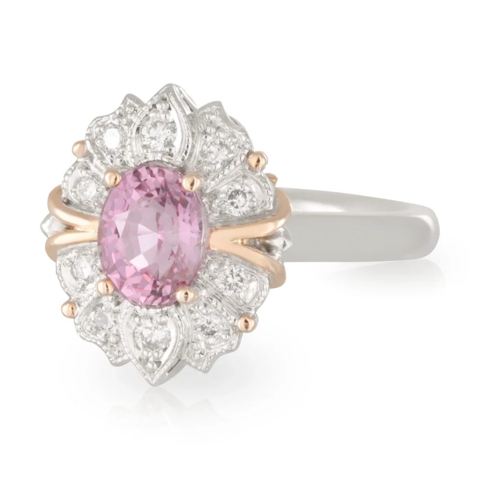 Pink Sapphire Diamond Art Deco Halo Engagement Ring