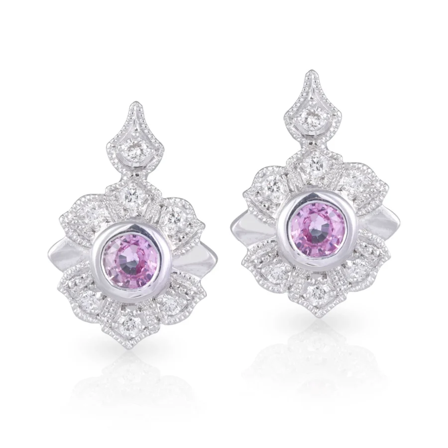 Pink Sapphire and Diamond Halo Studs