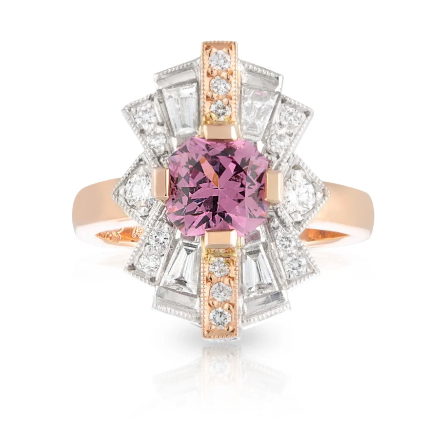 Pink Spinel Sunrise Deco Engagement Ring