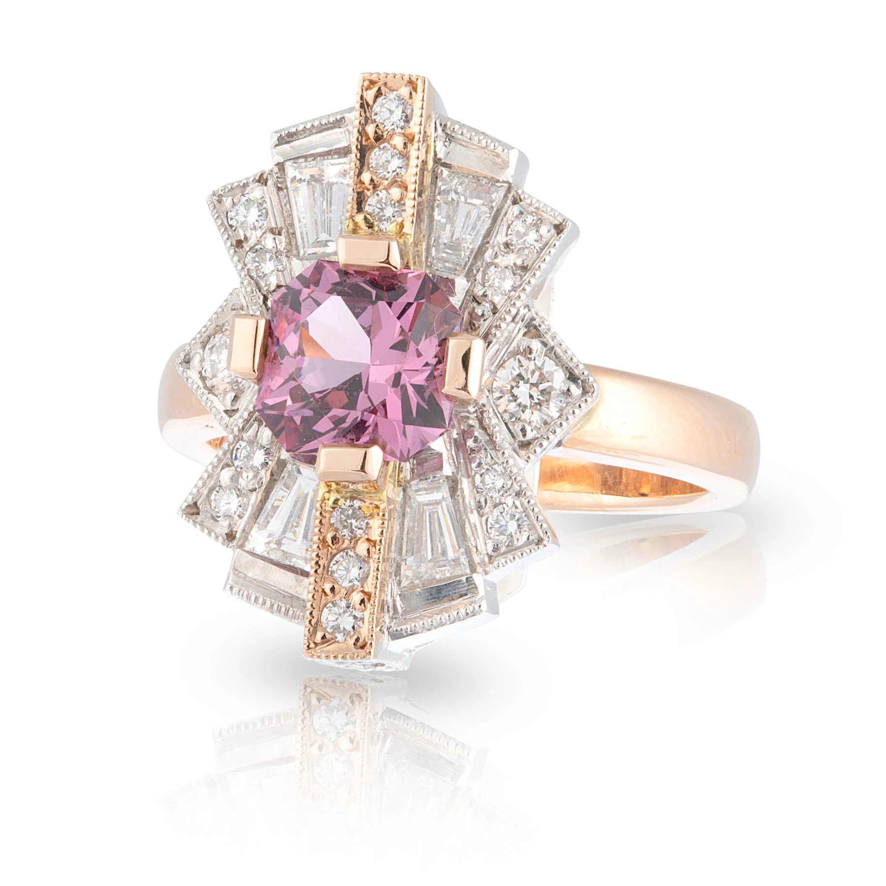 Pink Spinel Sunrise Deco Engagement Ring