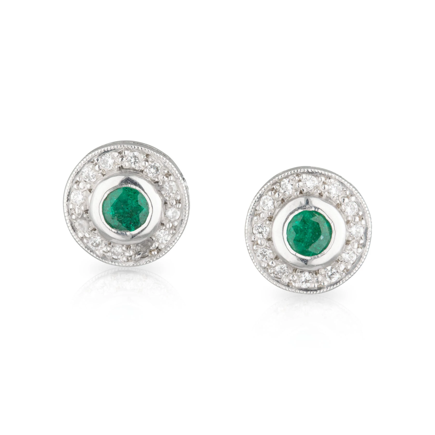 Round Emerald and Diamond Halo Studs