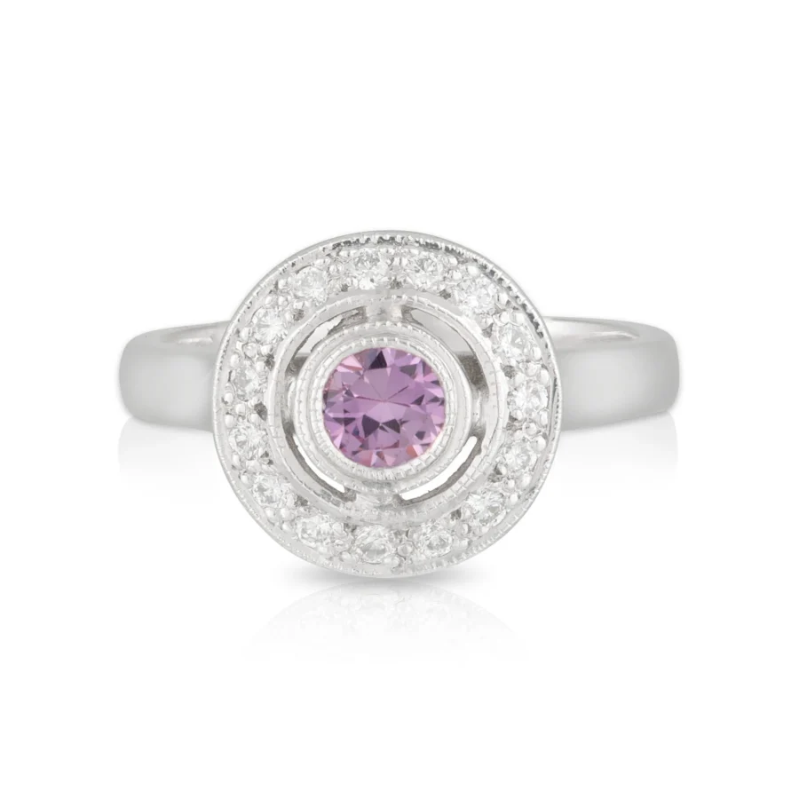 Round Pink Sapphire Diamond Halo Ring