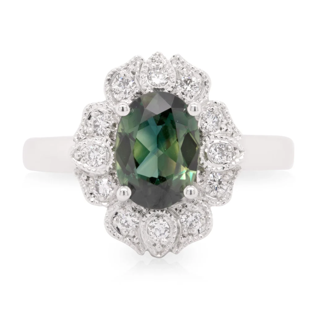 Sapphire Art Deco Diamond Halo Engagement Ring