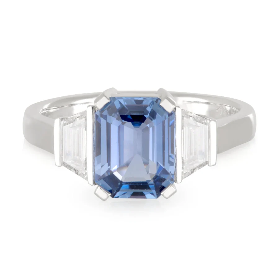 Sapphire and Trapezoid Diamond Trilogy Engagement Ring