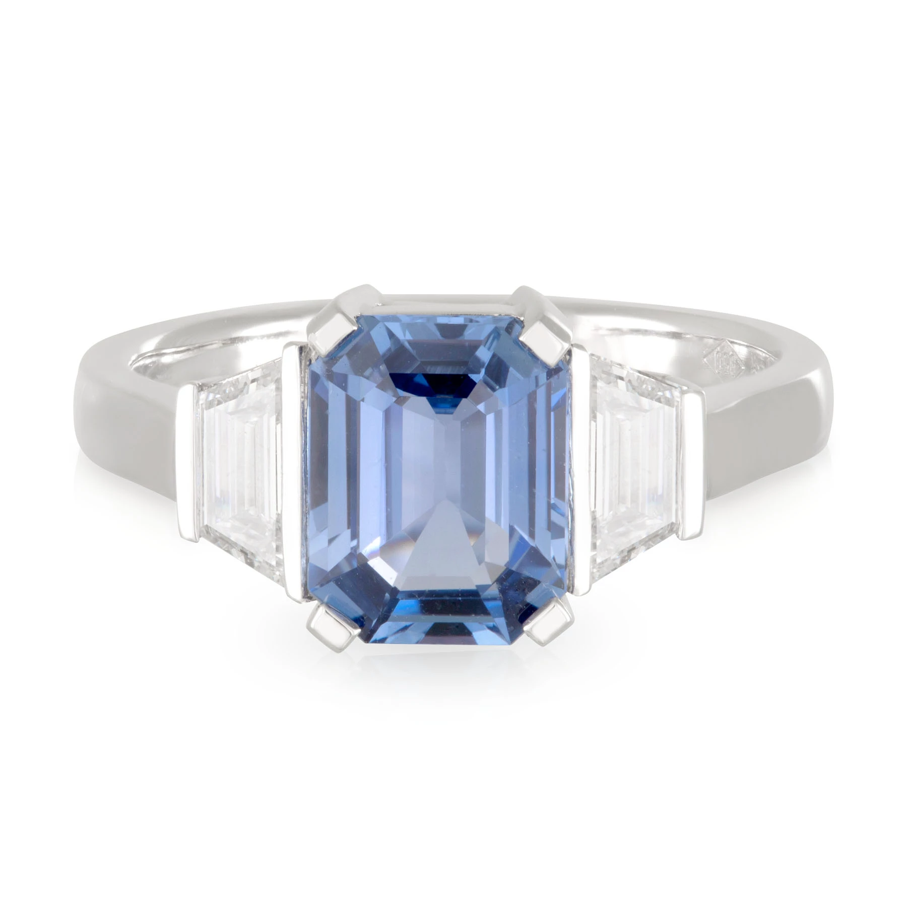 Sapphire and Trapezoid Diamond Trilogy Engagement Ring