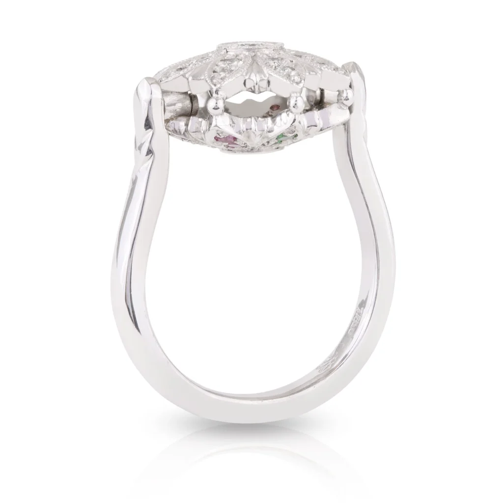 Spinning Coloured Gems and Diamond Flower Ring