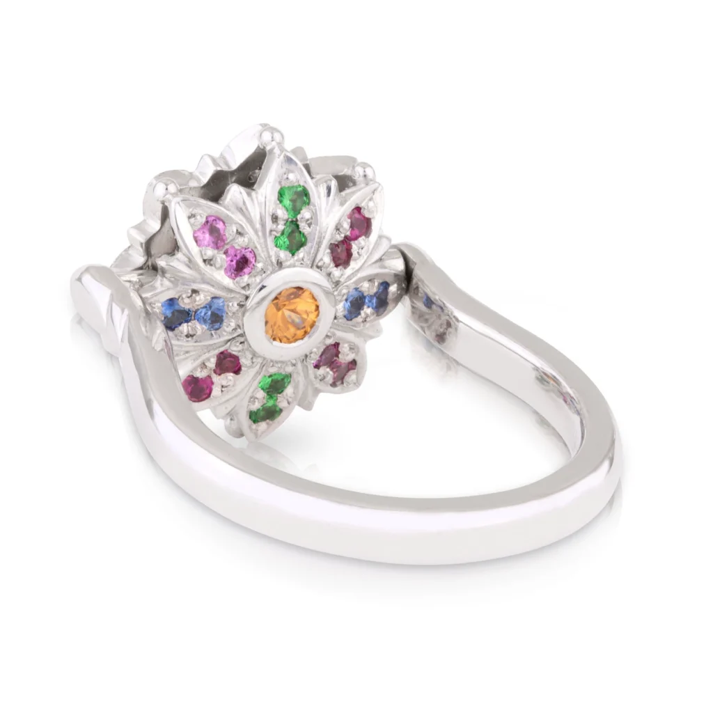 Spinning Coloured Gems and Diamond Flower Ring