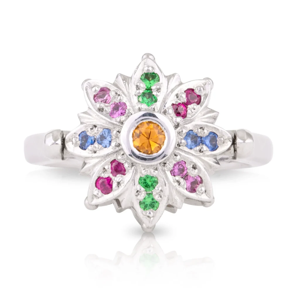Spinning Coloured Gems and Diamond Flower Ring