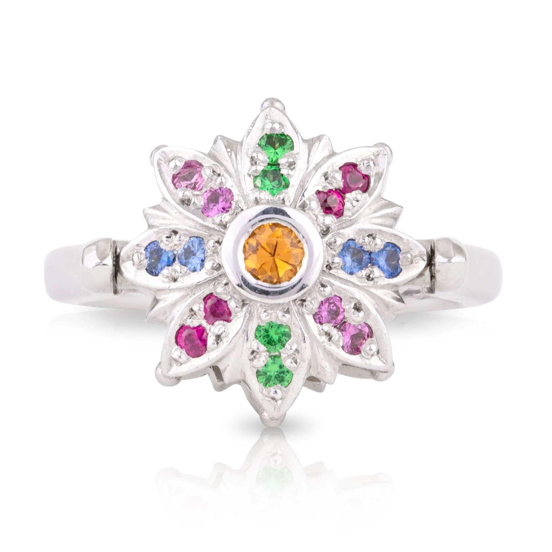 Spinning Coloured Gems and Diamond Flower Ring