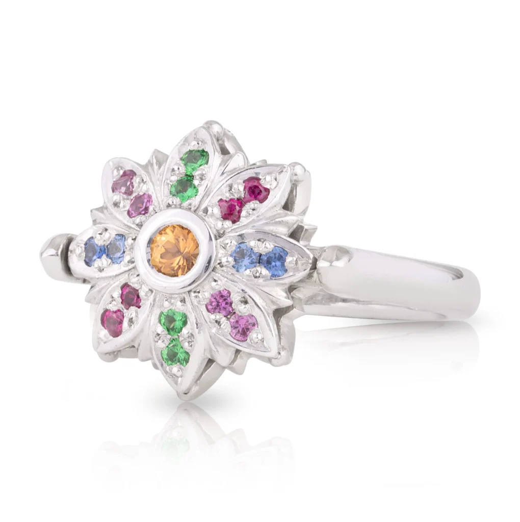 Spinning Coloured Gems and Diamond Flower Ring