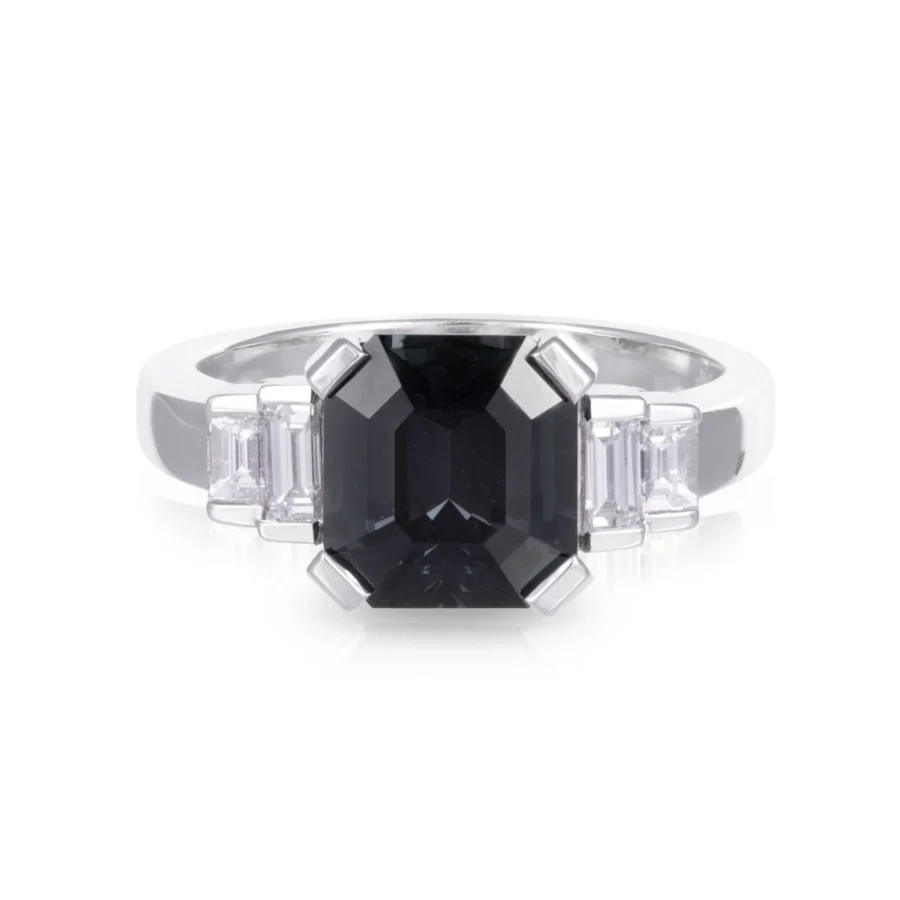 Square Black Spinel and Diamond Ring