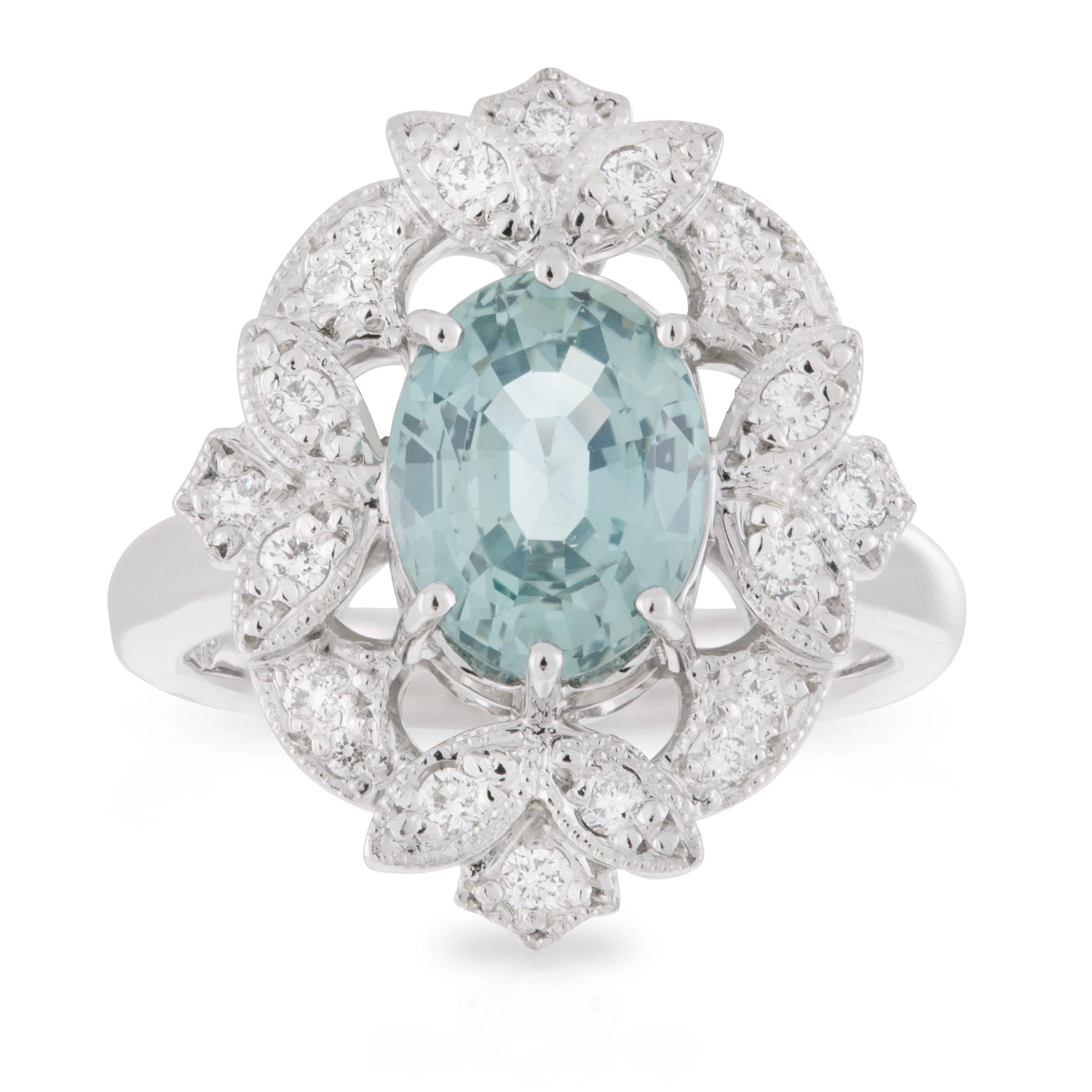 Teal Sapphire Art Deco Halo Engagement Ring