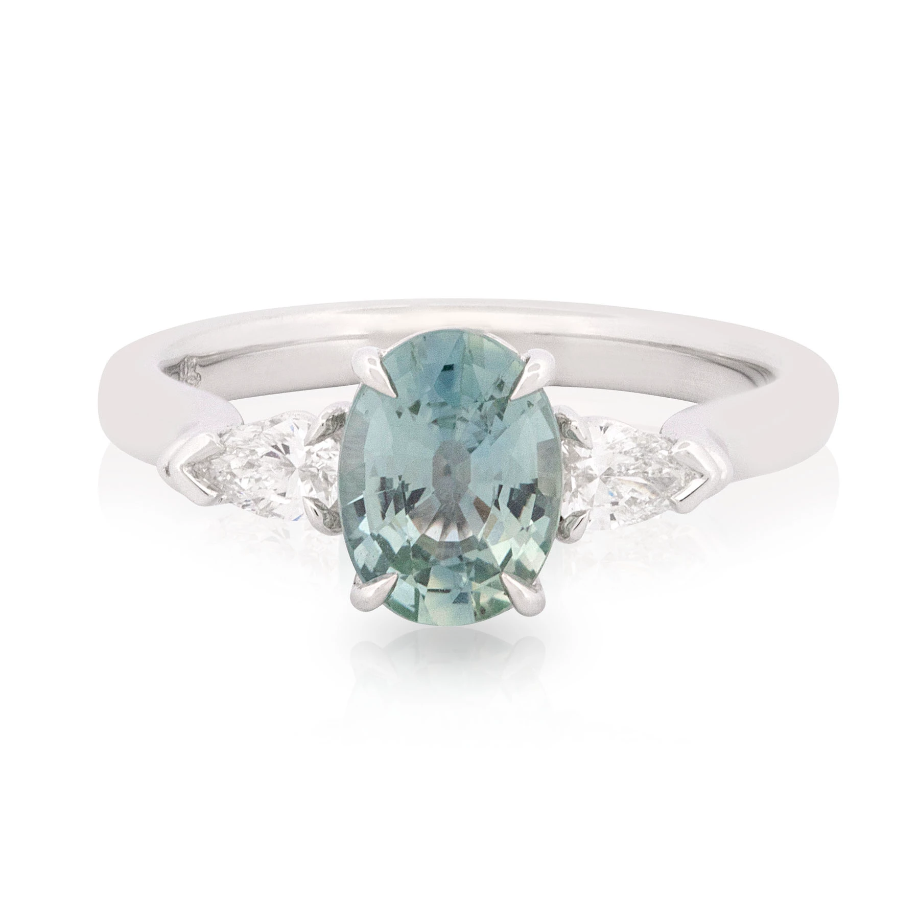 Teal Sapphire Pear Diamond Trilogy Engagement Ring