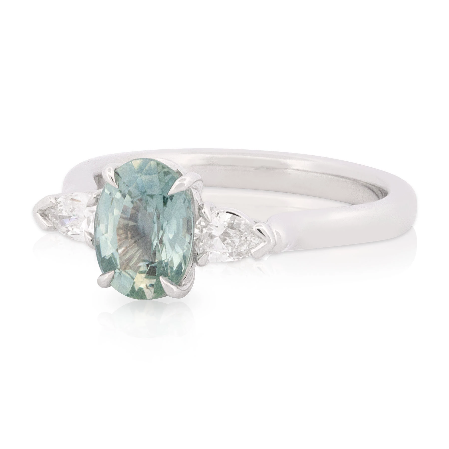 Teal Sapphire Pear Diamond Trilogy Engagement Ring
