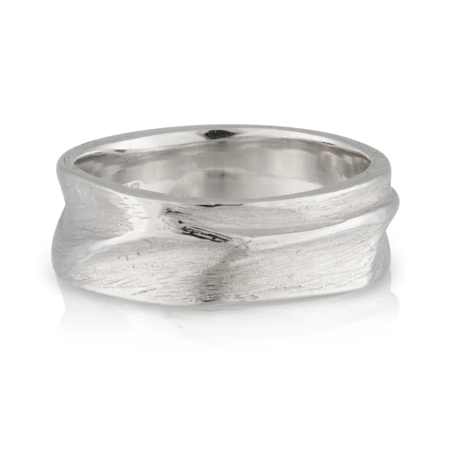 White Gold Organic Hand Carved Gents Wedding Band