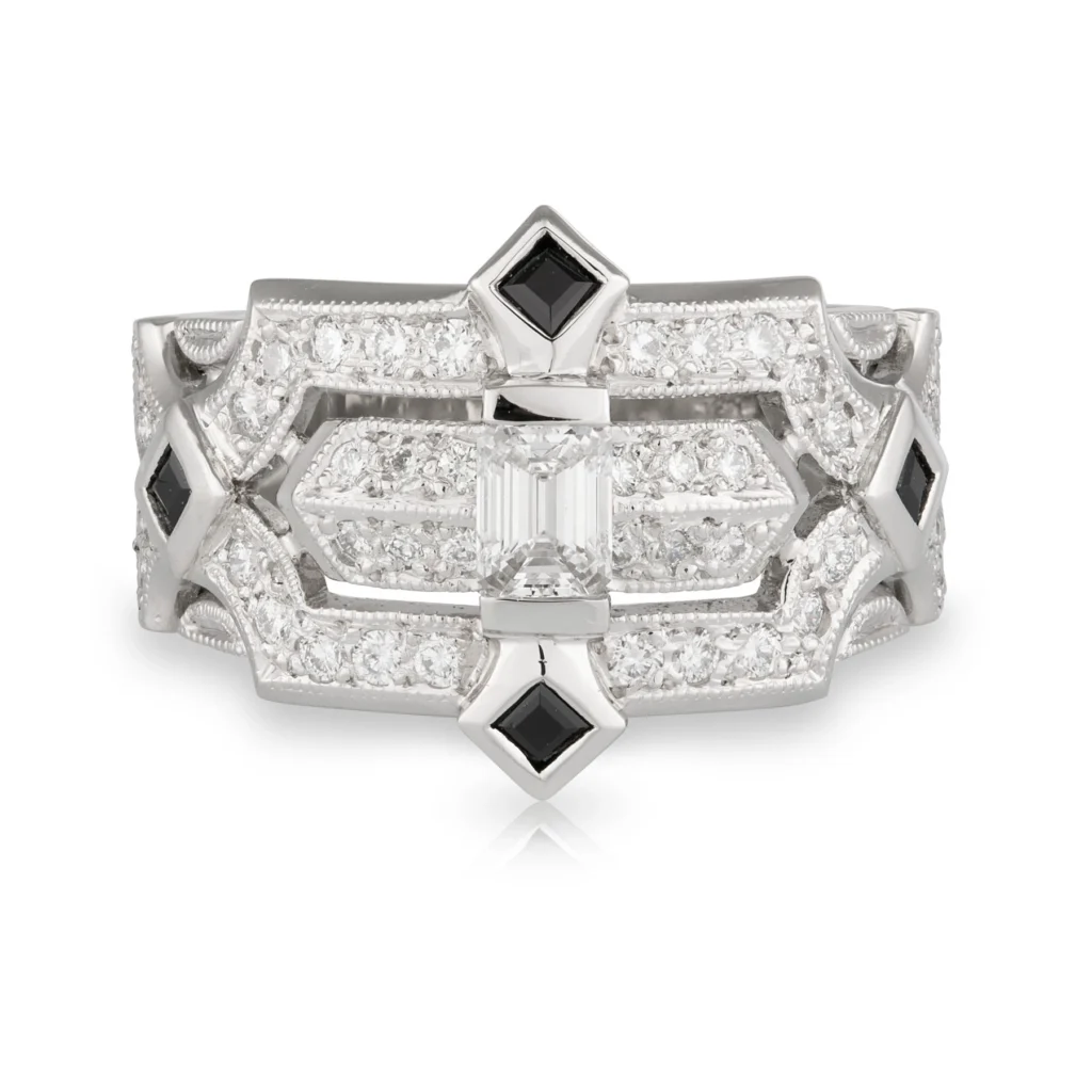 Wide Diamond and Black Spinel Ring