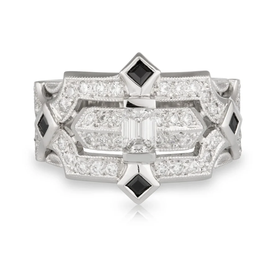 Wide Diamond and Black Spinel Ring