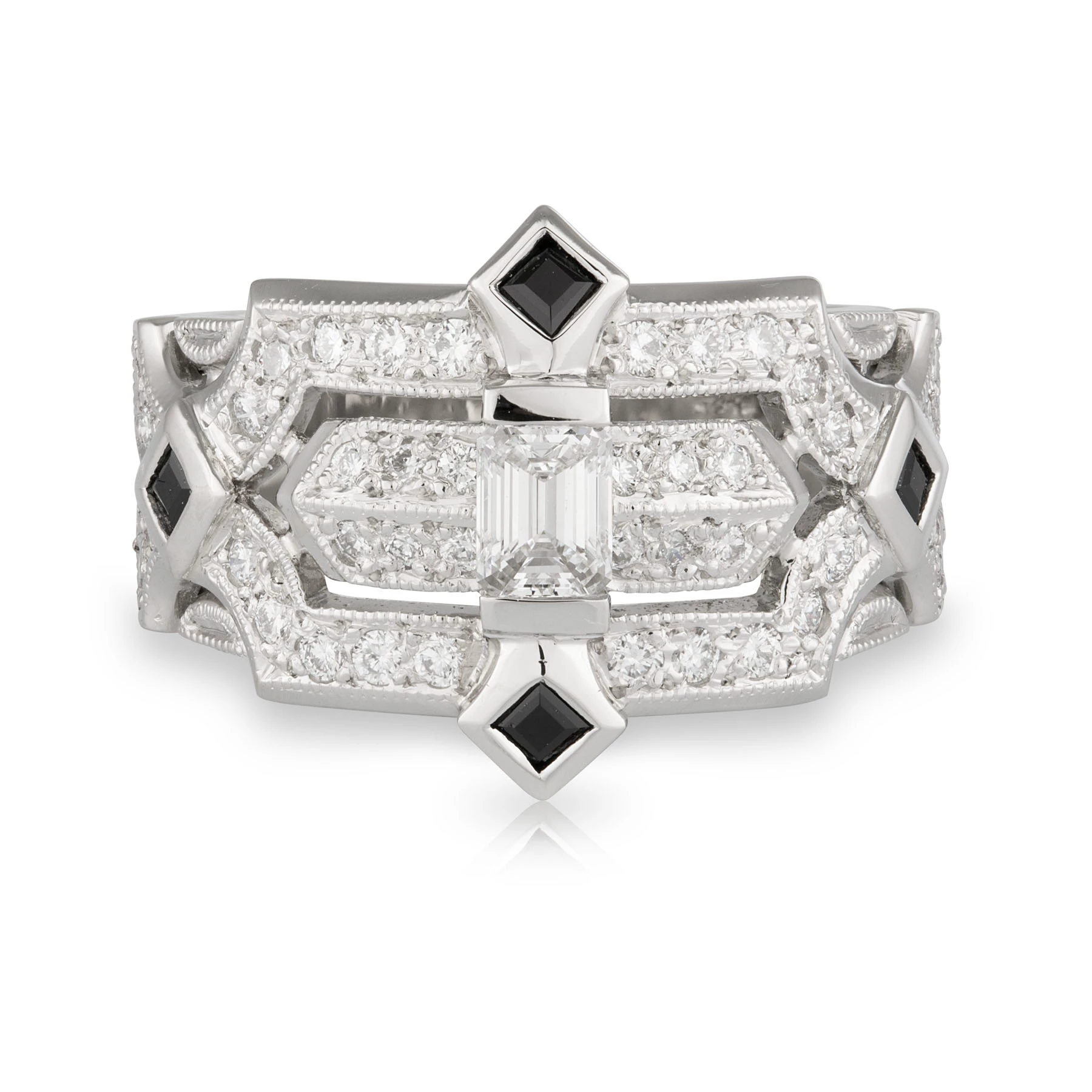 Wide Diamond and Black Spinel Ring