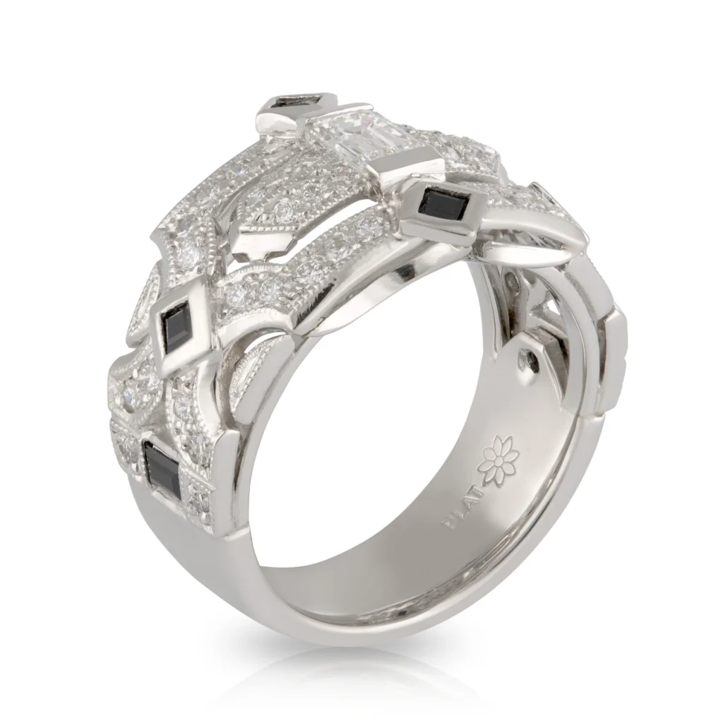 Wide Diamond and Black Spinel Ring