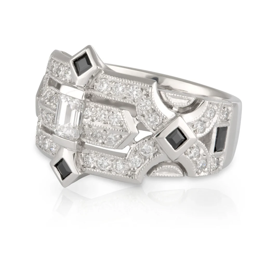 Wide Diamond and Black Spinel Ring