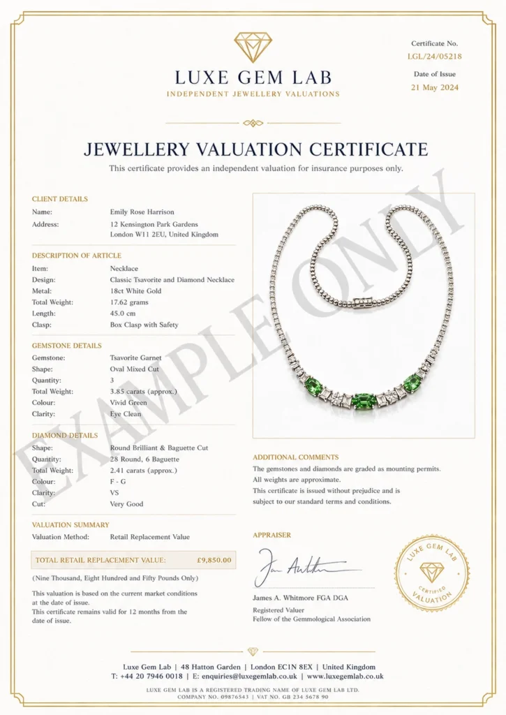 Independant Jewellery Valuation Certificate Example