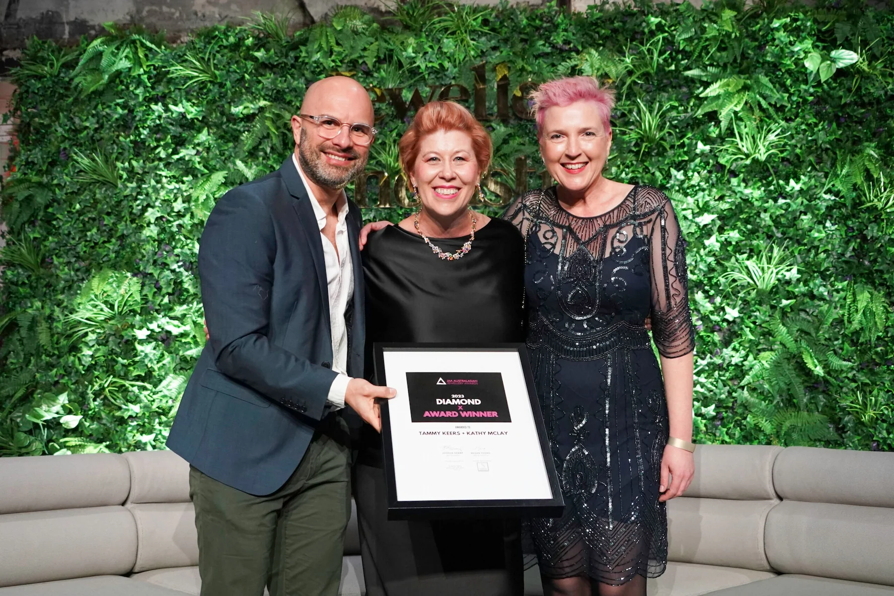 Tammy Keers Kathy McLay and Joshua Sharp accepting their award as Jeweller of the Year 2023