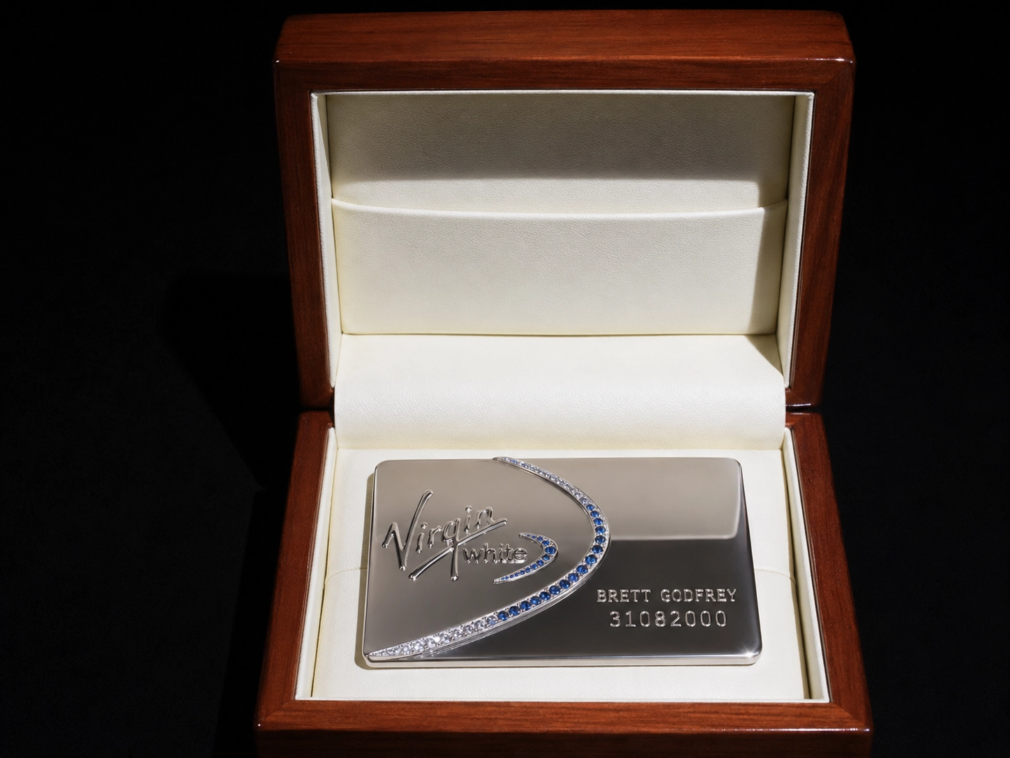 Handmade White Gold Virgin Sapphire Diamond Card for Brett Godfrey
